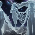 Three ghostly figures in flowing gowns against cosmic nebula background