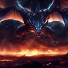 Dark dragon with glowing blue eyes flying over fiery landscape