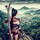 Female warrior in fantasy armor overlooking misty landscape with mountains and villages holding spear with red flag