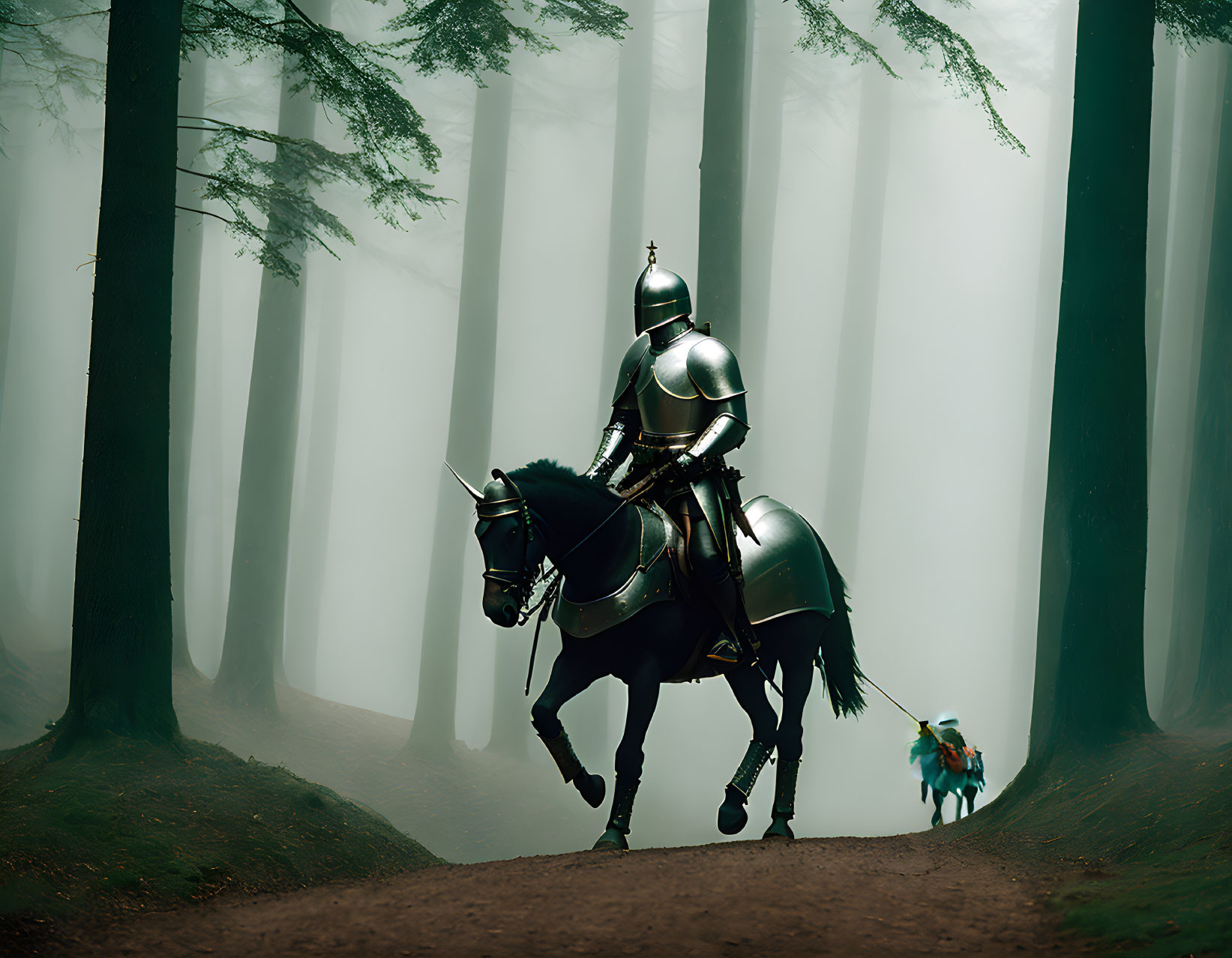 Armored knight on horseback with small figure in misty forest