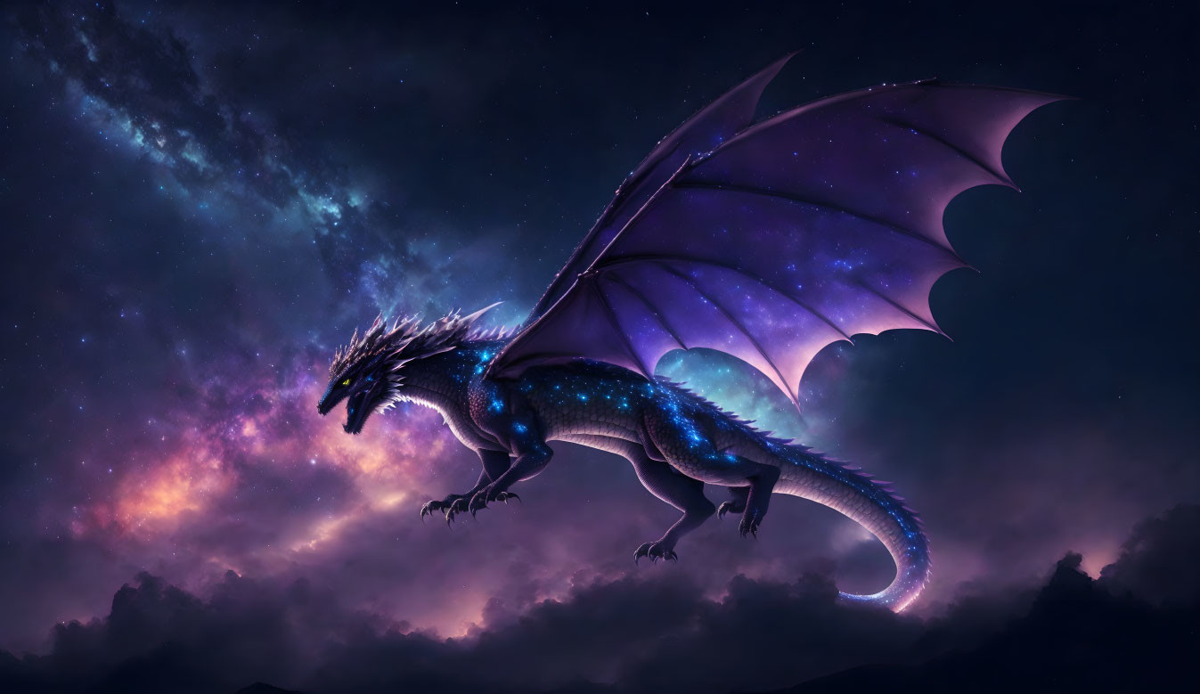 Majestic dark blue dragon against starry night sky