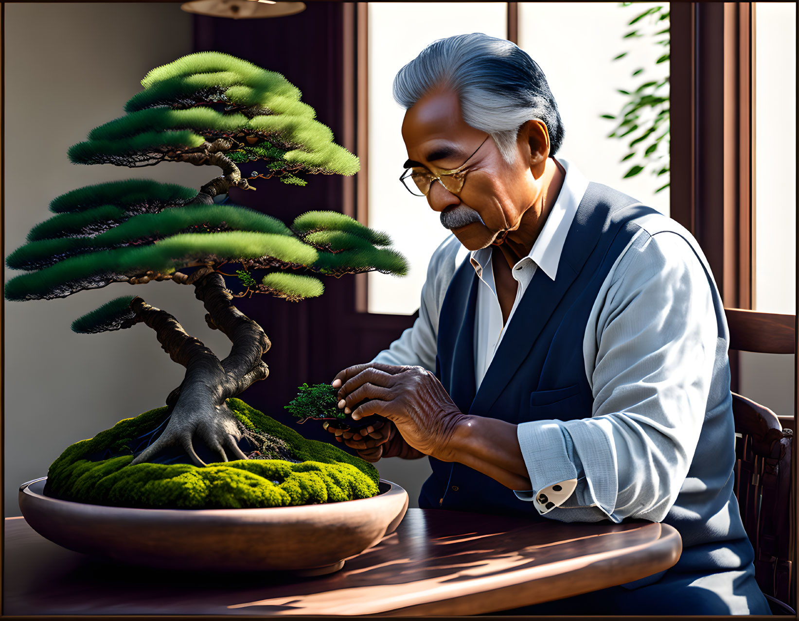 Elderly man with white hair tends to bonsai tree indoors