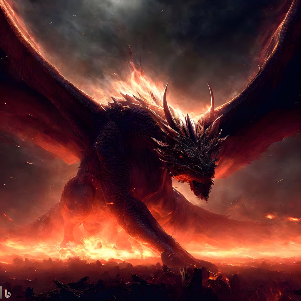 Gigantic dragon in fiery landscape with spread wings and horns