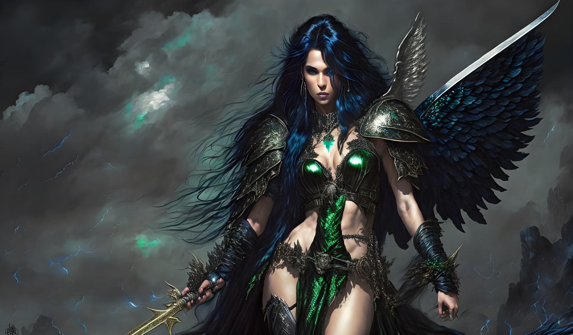 Fantasy warrior woman with dark hair, winged armor, sword in stormy setting