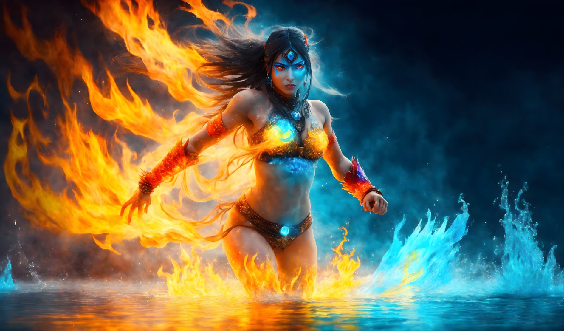 Mystical female figure with swirling fire and water elements