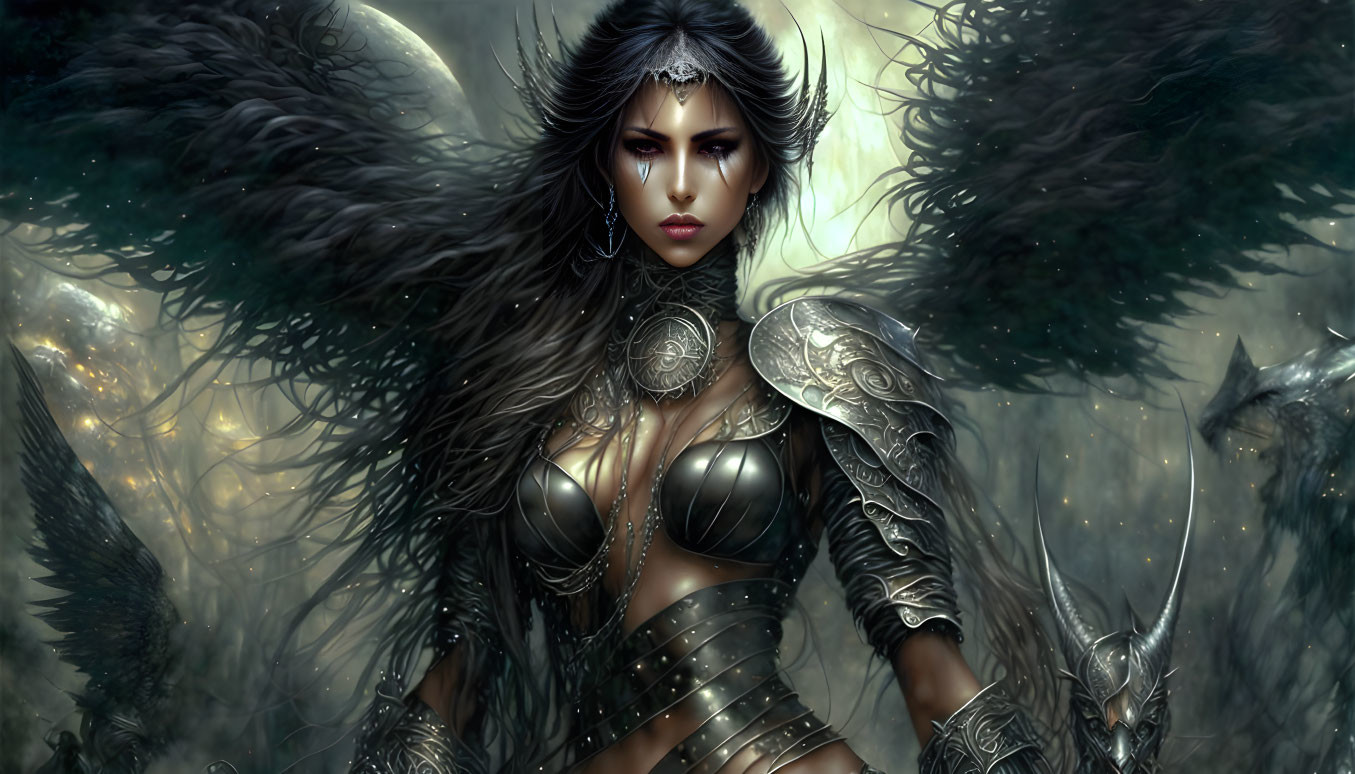 Dark-winged female warrior in ornate armor prepares for battle in mystical forest