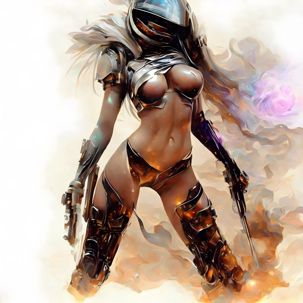 Female warrior in futuristic armor with glowing accents and blaster weapon