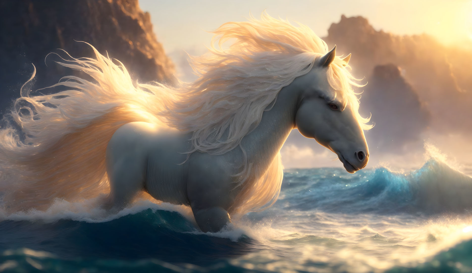 White horse with flowing mane in surf at sunset with rocky cliffs