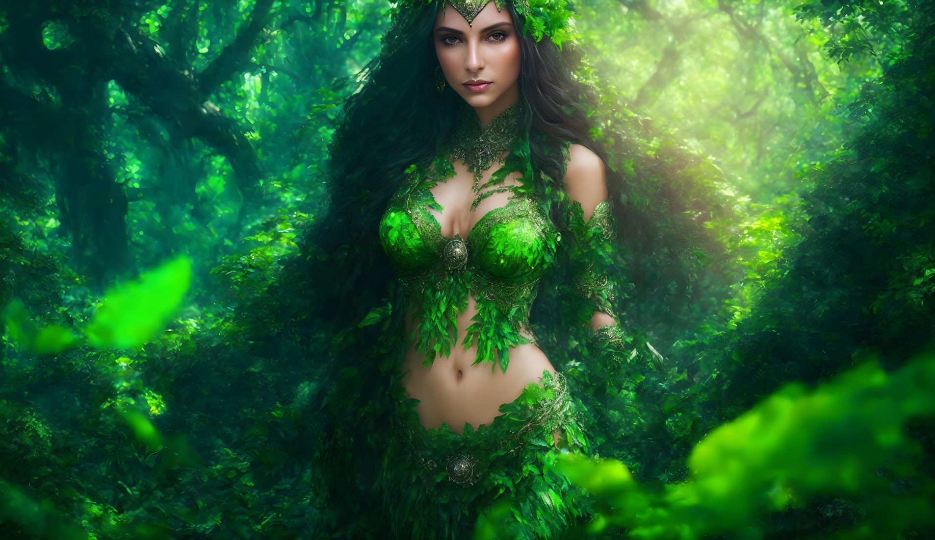 Woman in green leaf-themed attire in lush forest setting