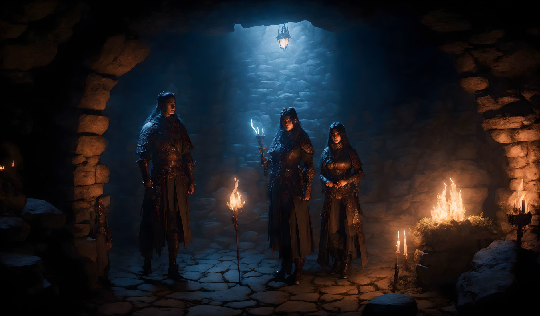 Three individuals in fantasy costumes in dimly lit stone cave with candles and fire