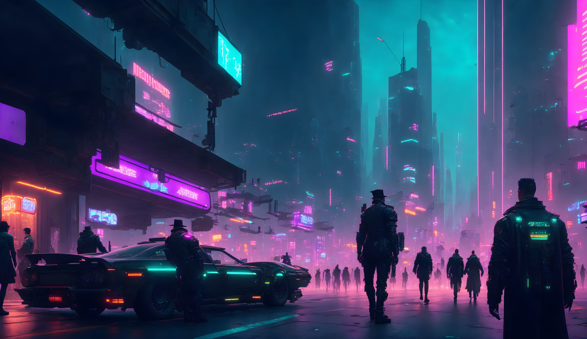 Futuristic neon-lit cityscape with silhouettes of people and cars