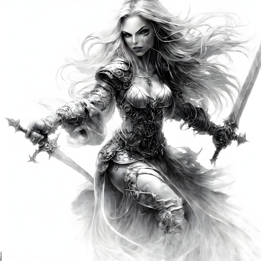 Monochromatic fantasy illustration of fierce female warrior with maces