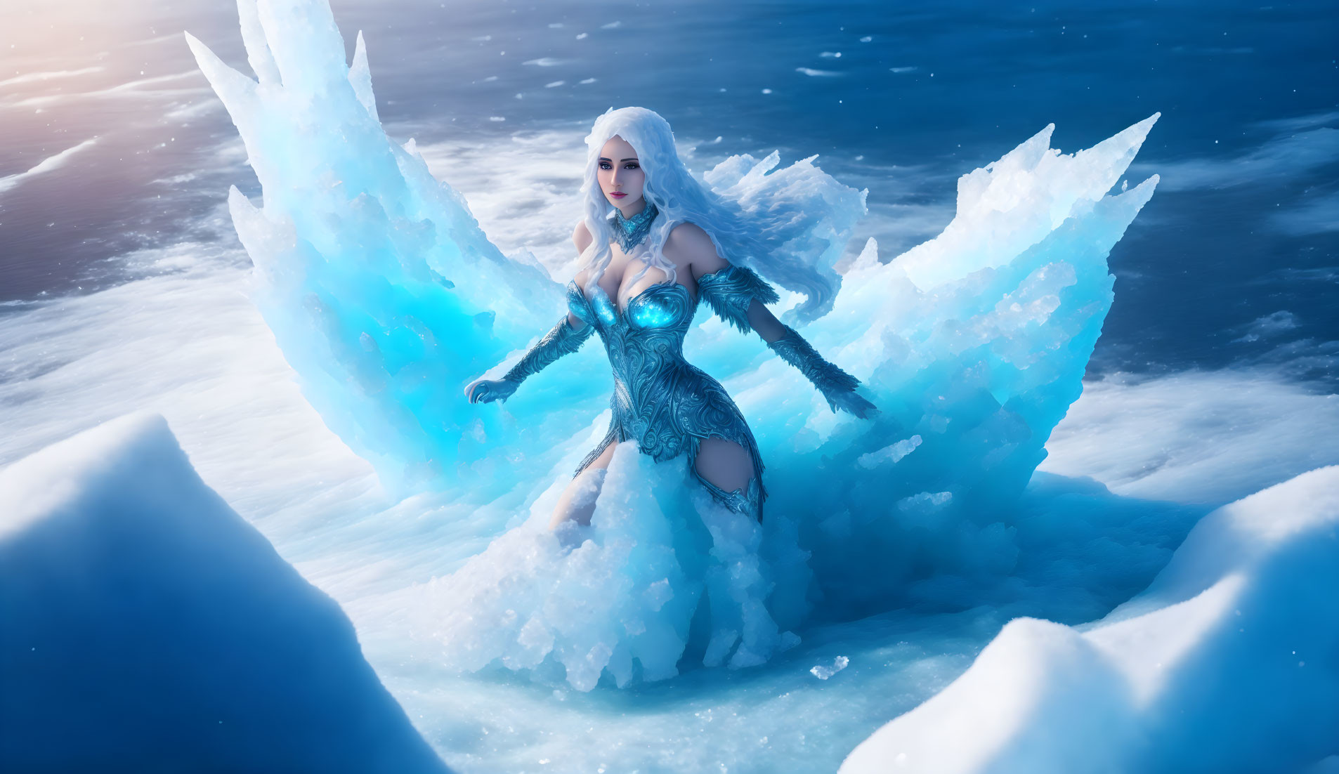 Majestic ice queen in wintry landscape with crystalline structure