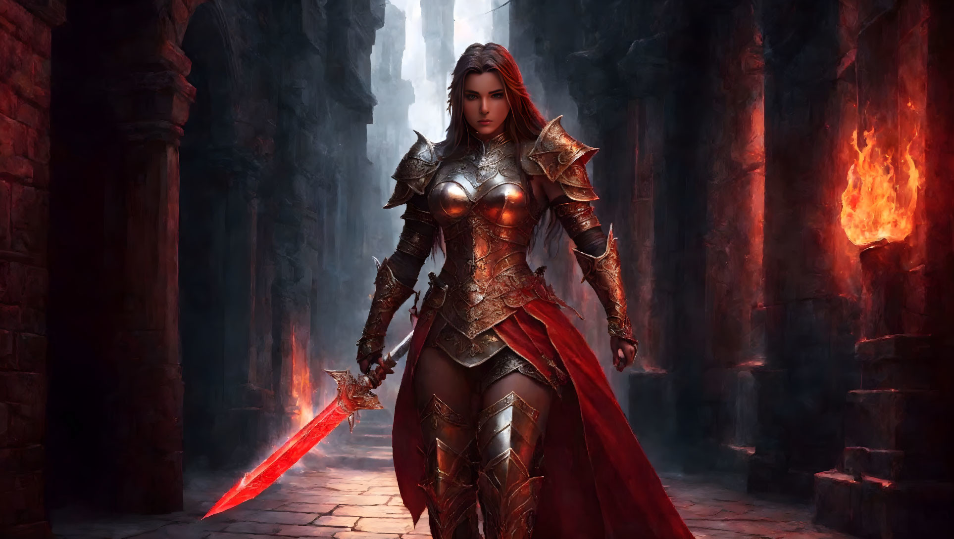 Female knight in ornate armor wields glowing red sword in castle corridor