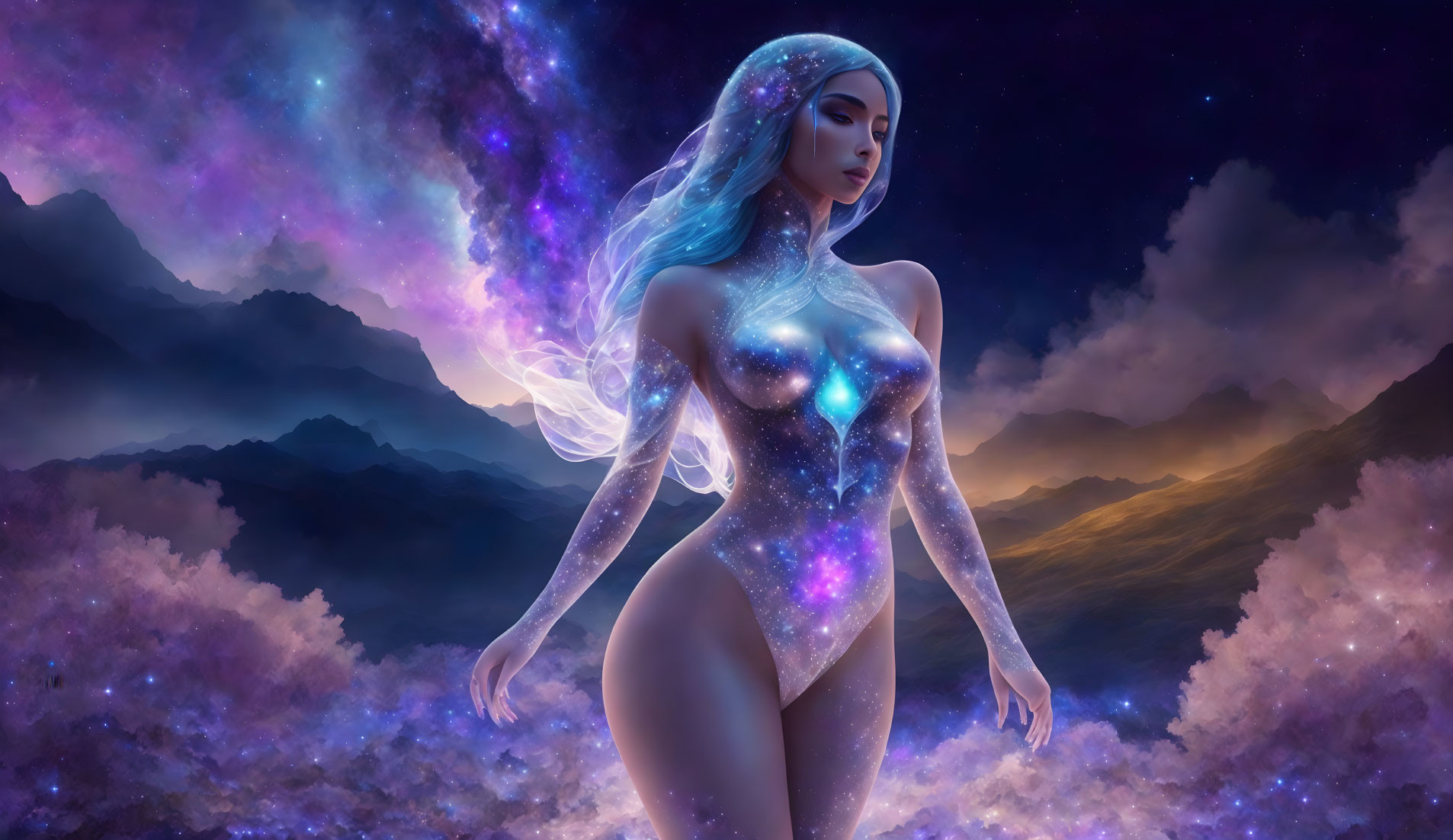 Cosmic-themed digital artwork of a woman with starry body and galaxy hair