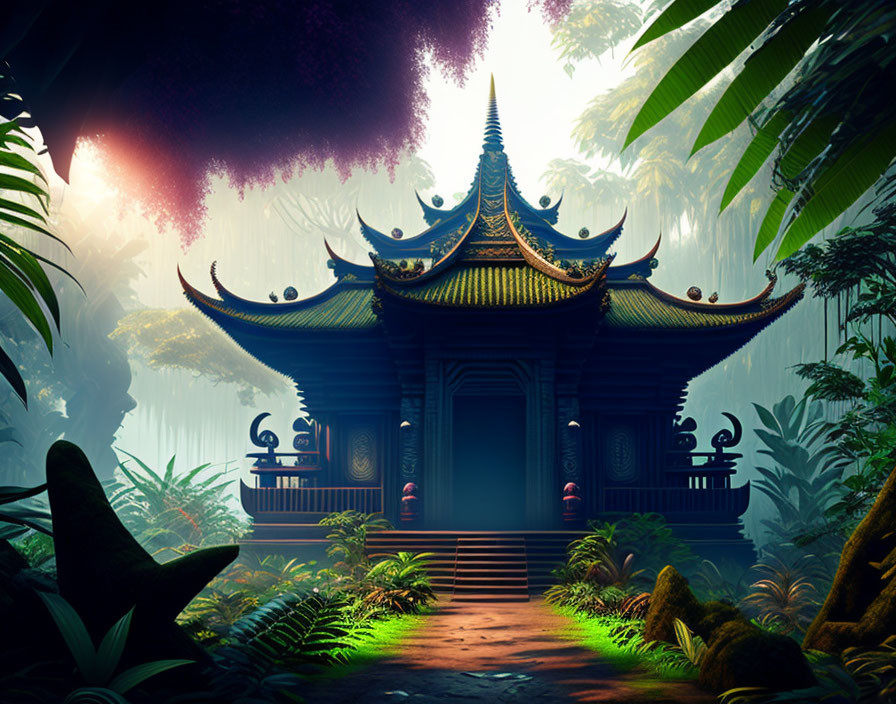 Intricately designed temple in lush jungle with vibrant foliage