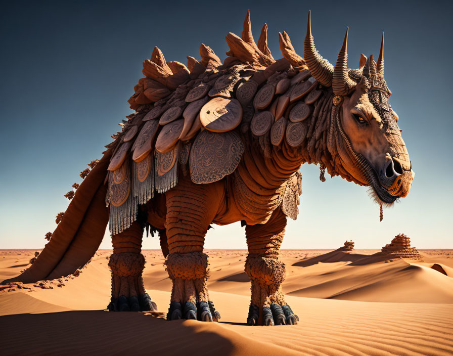 Large armored dragon in desert landscape with sand dunes under clear sky