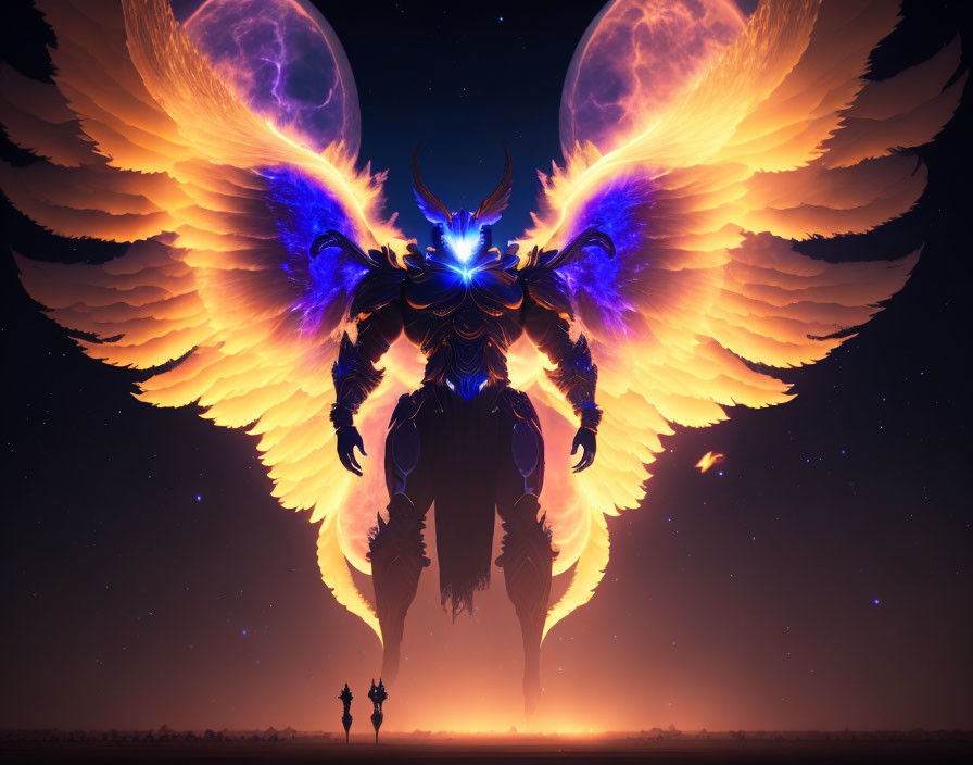 Majestic figure in ornate armor with fiery wings under starry sky