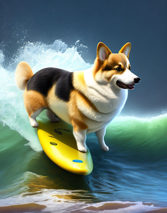 Corgi Dog Surfing on Yellow Surfboard Illustration