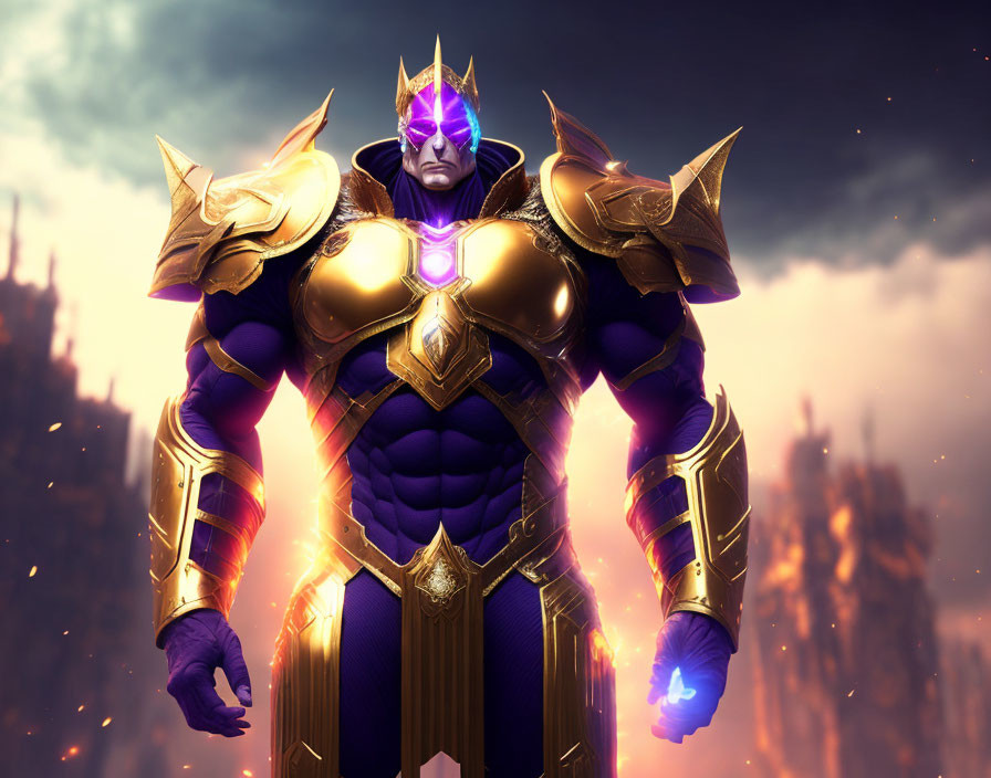 Armored character with glowing purple visor and chest gem in fiery backdrop