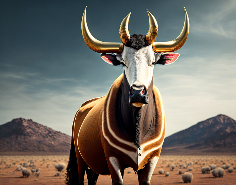 Digitally altered image of a bull with long golden horns in desert landscape