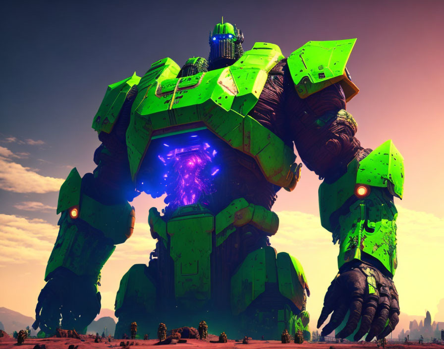 Giant green robot with glowing blue core in desert landscape