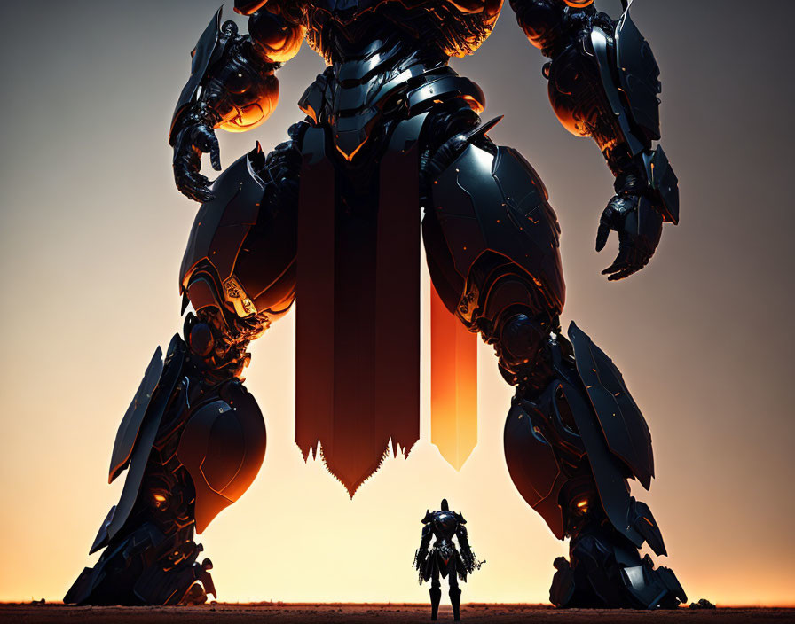 Futuristic armor-clad person faces colossal mech in dusk sky scene