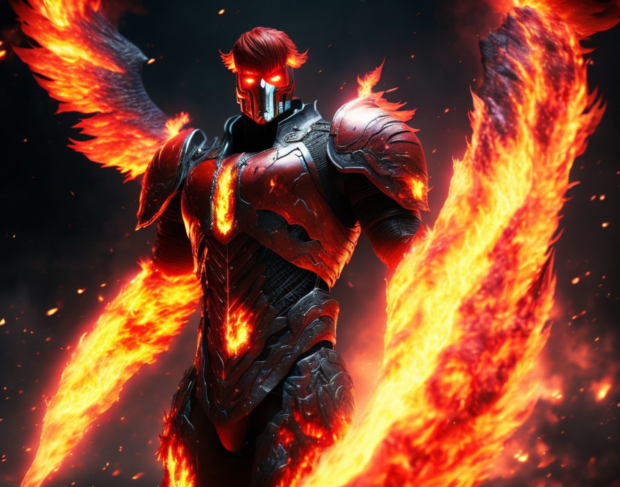 Sinister figure in dark armor with fiery wings.