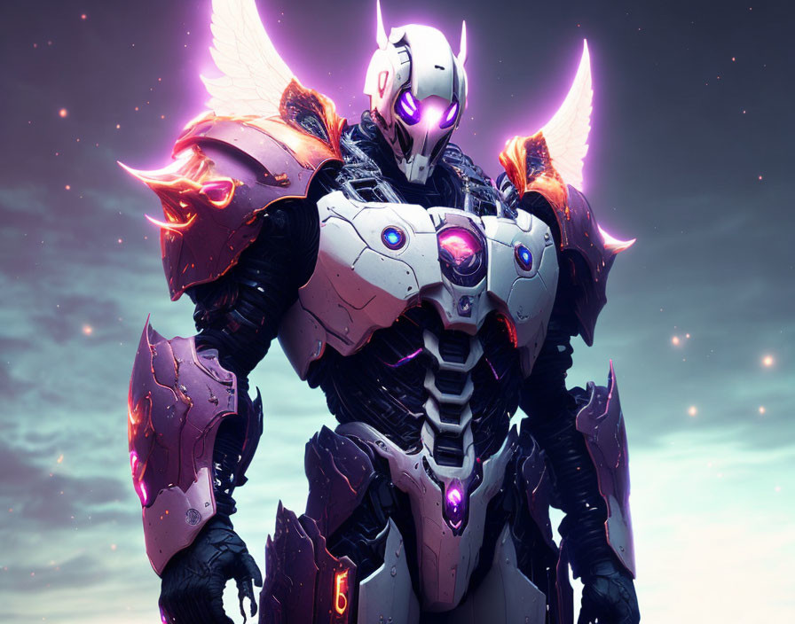 Stylized humanoid robot with purple accents and fiery wings in dusk sky