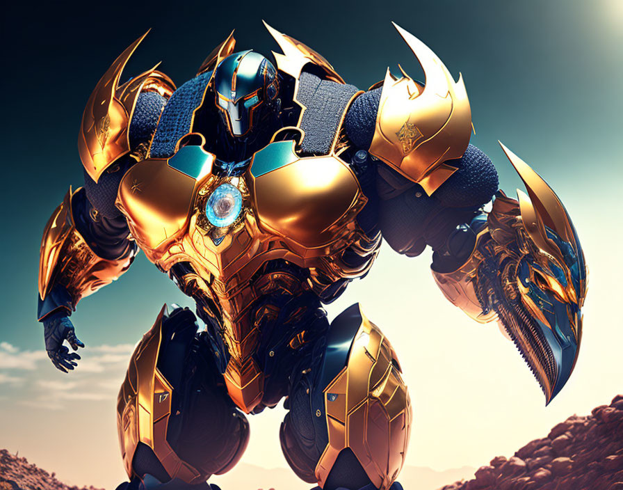 Blue and Gold Armored Figure in Futuristic Desert Setting