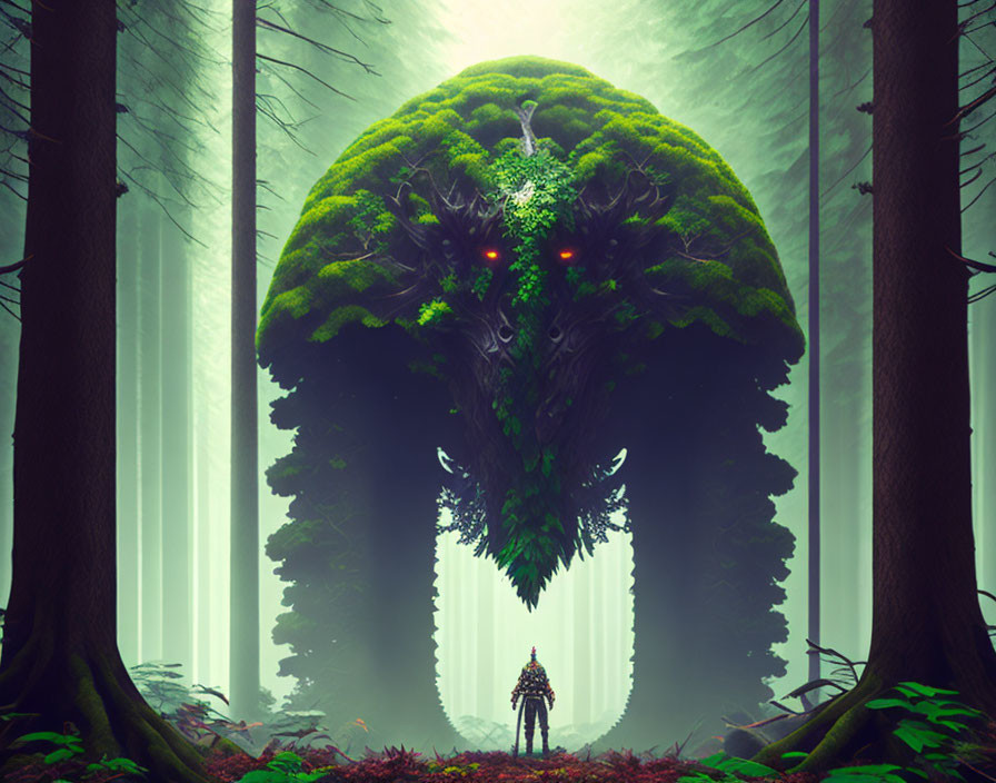 Enchanting forest with towering foliage creature and red eyes