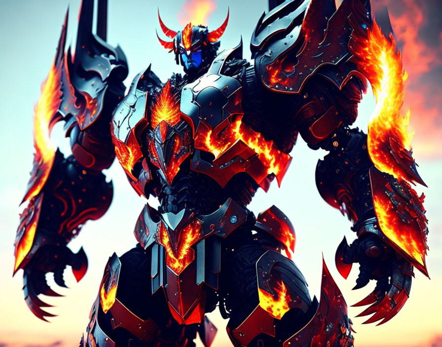 Red Horned Robot in Fiery Background: Powerful and Menacing Appearance