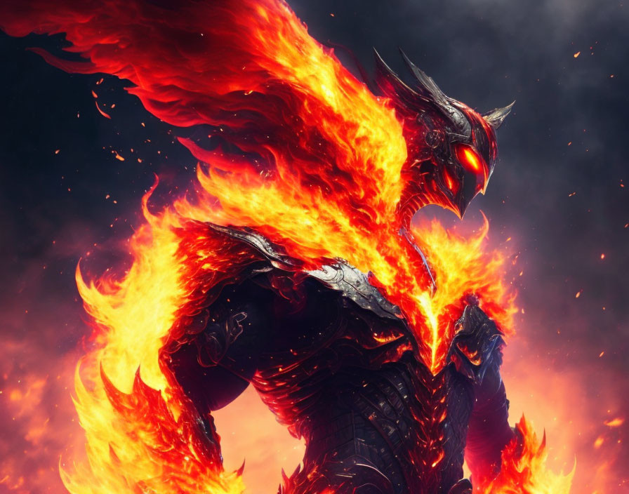 Armored figure with fiery wing and flames on dark background