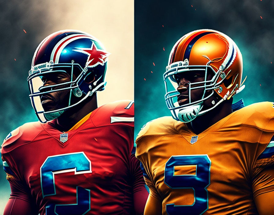 Vibrant Stylized Artwork: Two Football Players in Red and Orange Uniforms