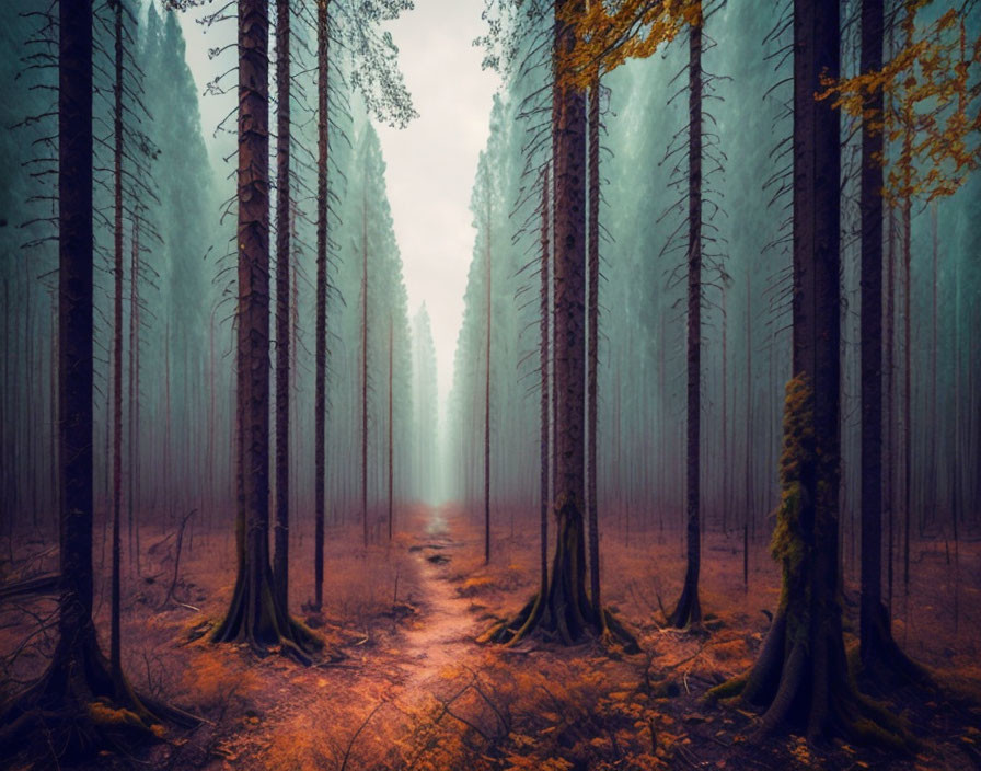 Misty forest pathway through tall trees in dimly-lit ambiance