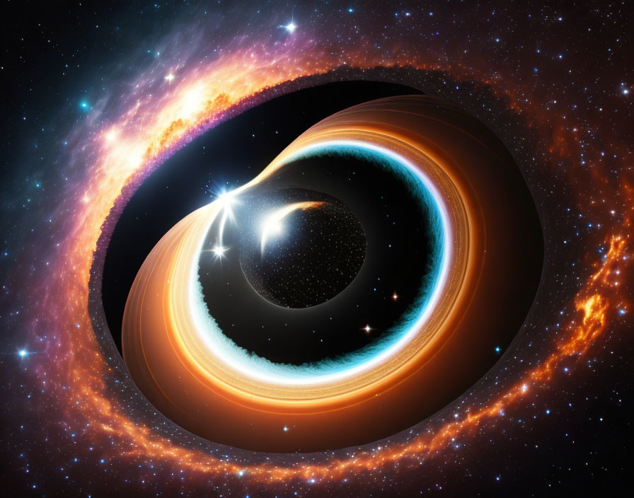 Cosmic artwork featuring black hole with accretion disk, jet, stars, and gravitational lensing