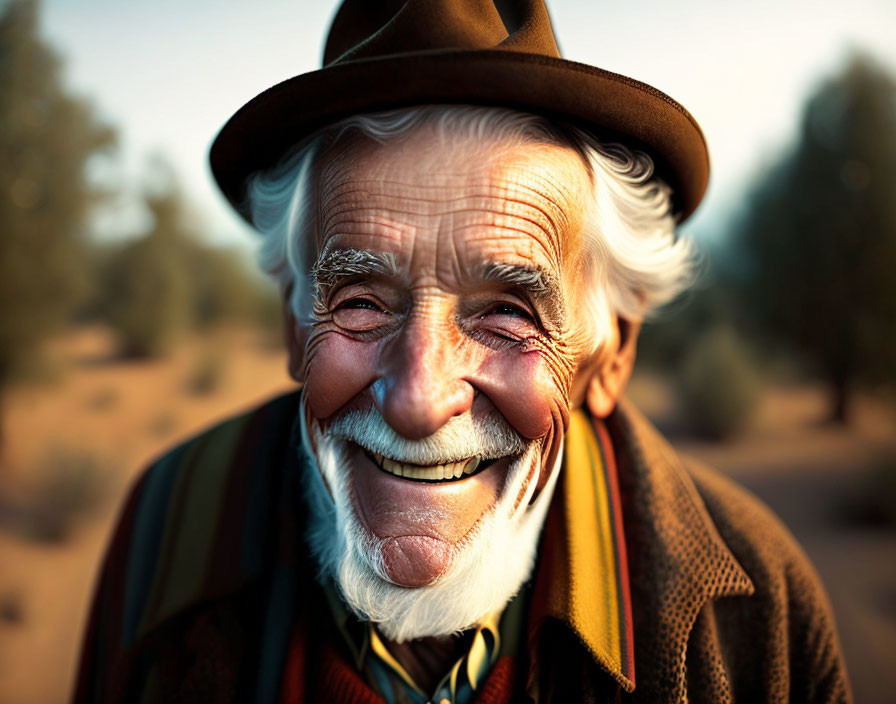 Elderly man in brown hat and plaid jacket outdoors