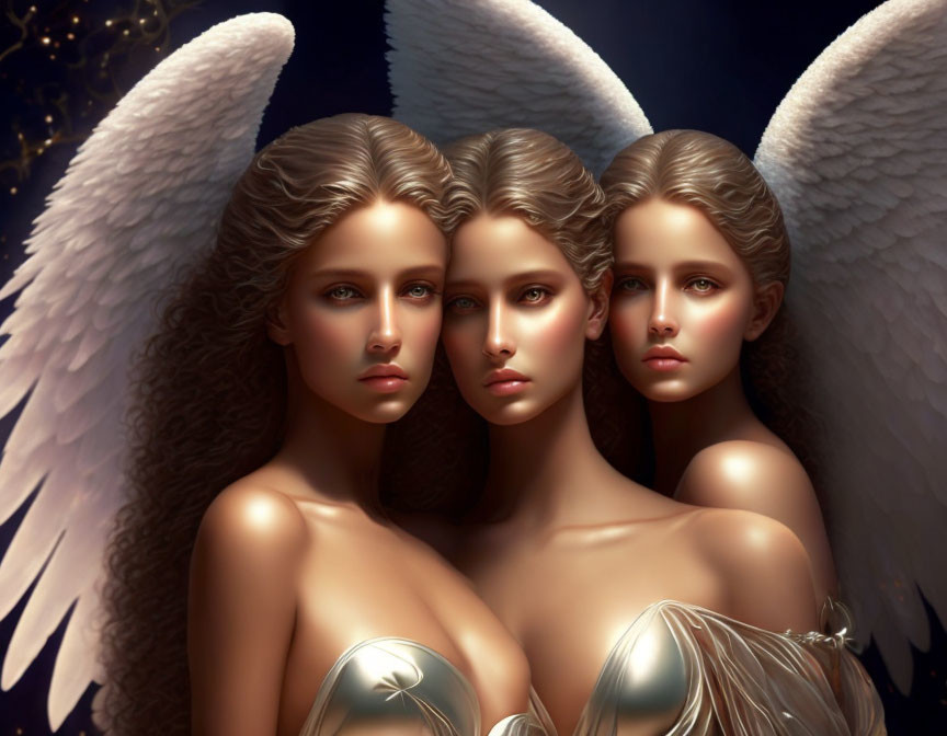 Three angelic women with wings in a serene night sky