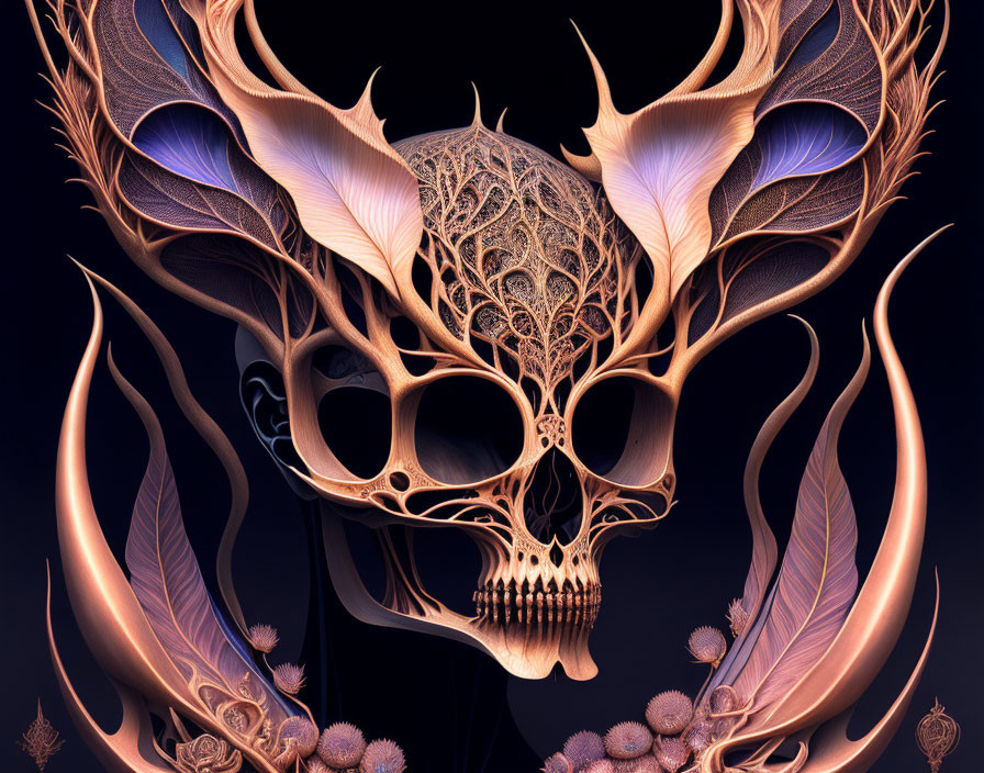 Detailed digital artwork: Skull with antler-like structures & feathered details in bronze & dark blue tones