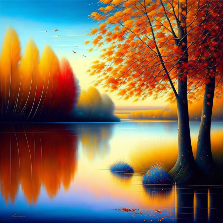 Tranquil sunset scene with autumn trees, birds, and serene water