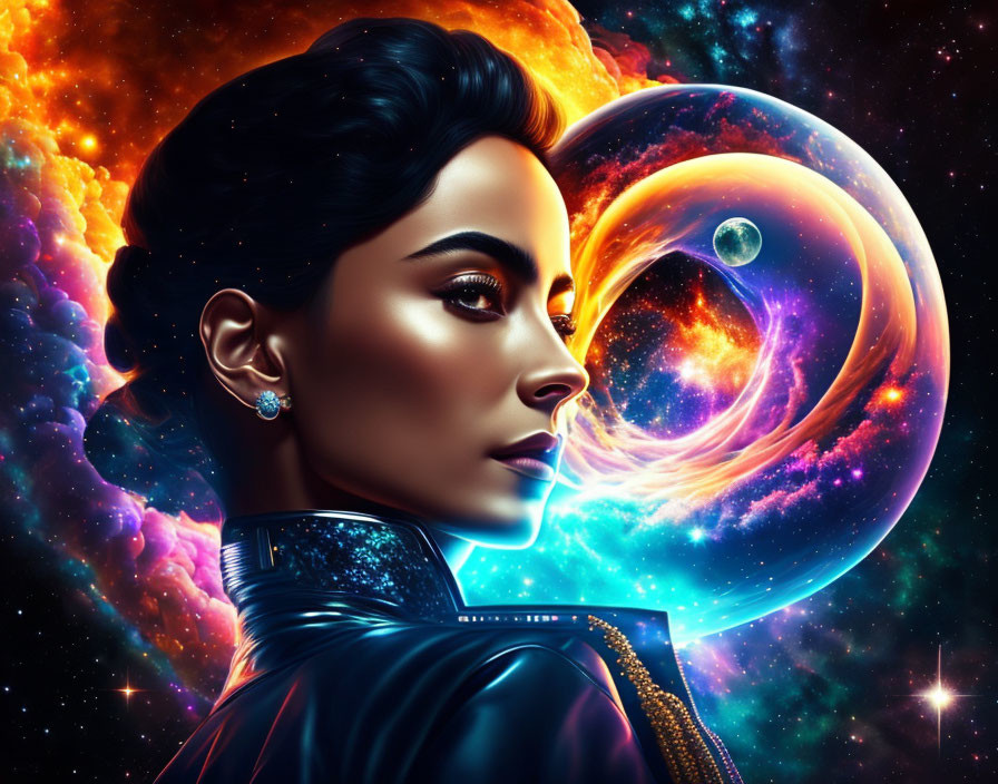 Vibrant cosmic digital artwork of a woman profiled against galaxies