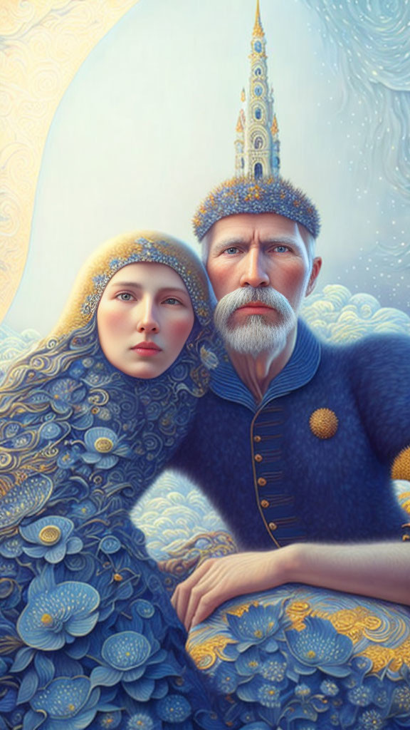 Man and woman in regal blue costumes with peacock feather pattern, exuding mythical aura