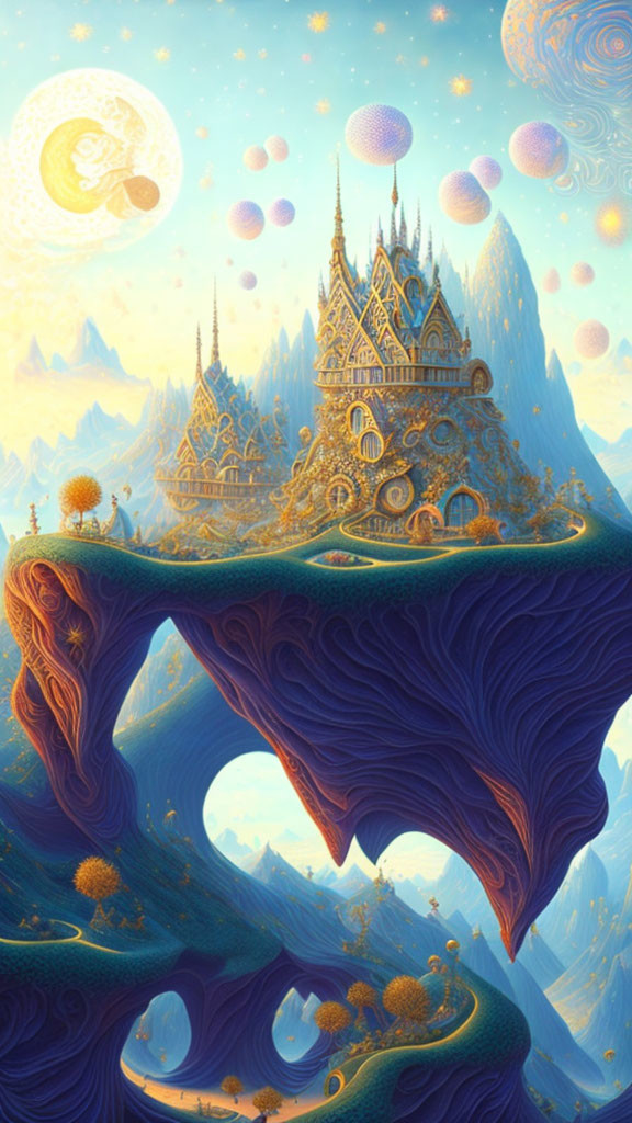 Fantastical landscape with golden castles, autumn trees, floating islands, crescent moon