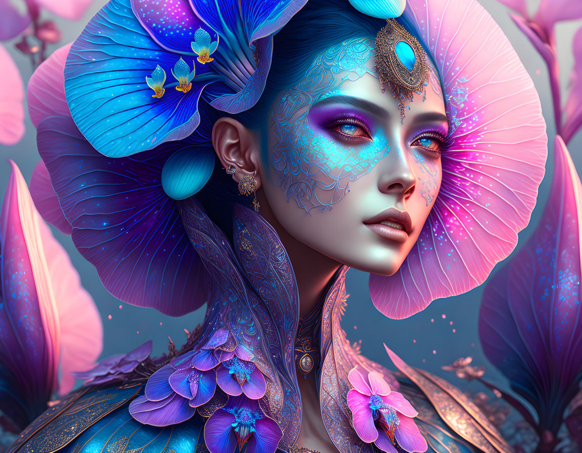 Colorful digital artwork: Woman with floral and butterfly motifs in blue and pink palette