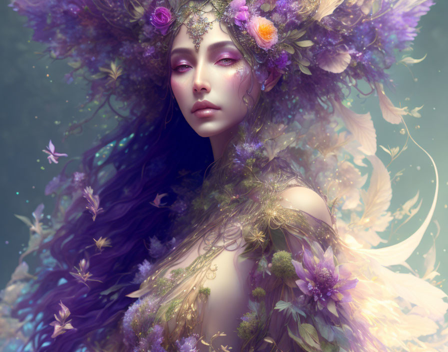 Surreal portrait of woman with flowers, leaves, and butterflies