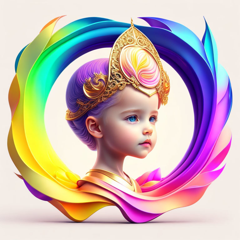 Colorful 3D illustration of child with blue eyes and golden crown