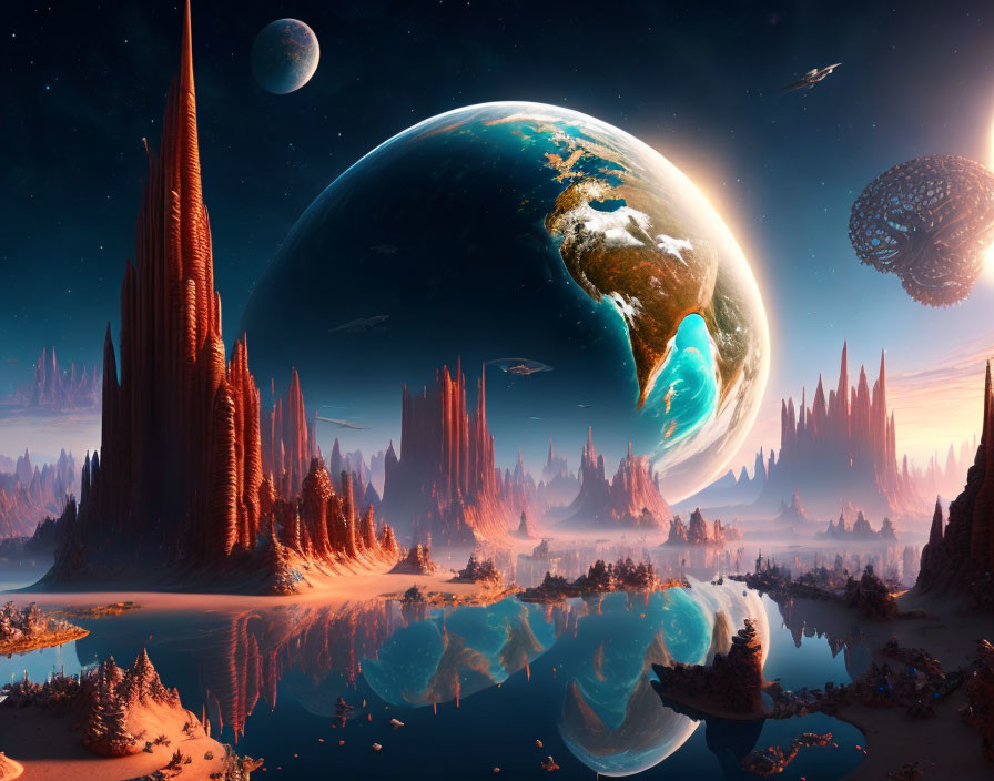 Sci-fi landscape with towering spires, reflective water, colossal planet, and alien structure.