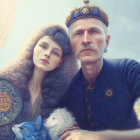 Man and woman in regal blue costumes with peacock feather pattern, exuding mythical aura