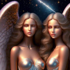 Three angelic women with wings in a serene night sky