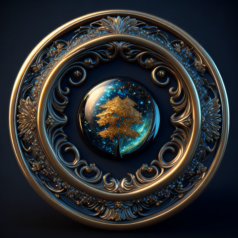 Circular gold frame with baroque designs encasing black sphere with golden tree and stars.